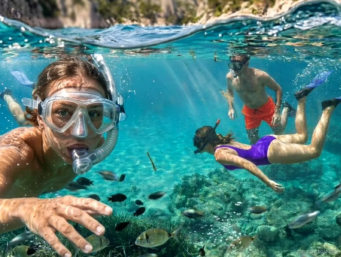 Schnorchelausrüstung auf der Marseille Calanques Bootstour