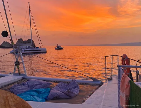 Maxi-catamaran on the Marseille sunset cruise with buffet and drinks