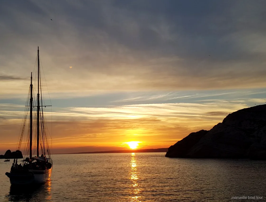 Traditional schooner on the Marseille sunset sailing cruise